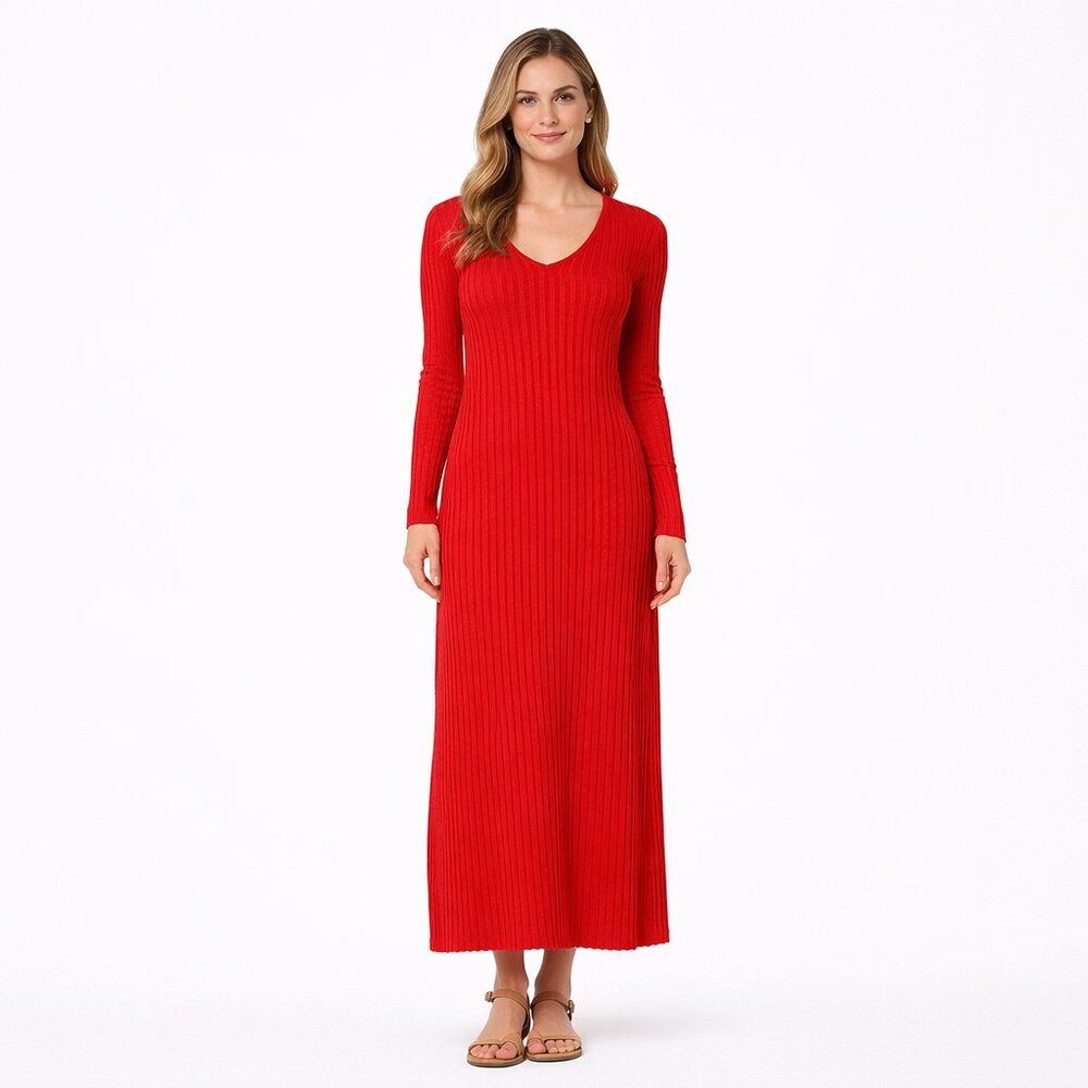MONKI Ribbed V Neck Midi Dress Long Sleeve Red Bright L